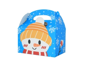 Blue Christmas gift box featuring a snowman pattern and a practical carrying handle