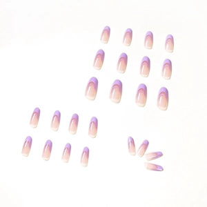 Lavender double French tip press-on nails in long almond shape with glossy finish
