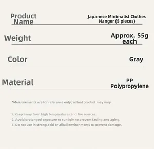 Detailed specifications of grey seamless plastic clothes hangers in minimalist design
