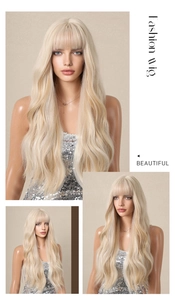 Three views of a blonde wavy wig with bangs, showcasing fashion style and long curls