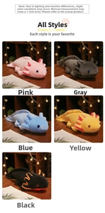 Plush axolotl dolls in five colors: pink, grey, blue, yellow, and black soft stuffed toys