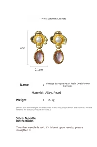 Detail view of oval baroque pearl flower earrings with resin and metal finish dimensions