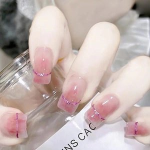 Press On Nails Pink Gradient Blush Smudge Glitter Lines Detachable Full Cover Artificial False Nail Tips For Women