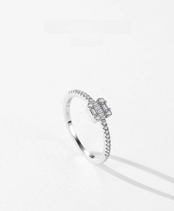 Macro view of S925 sterling silver ring featuring a rectangular pavé zircon setting