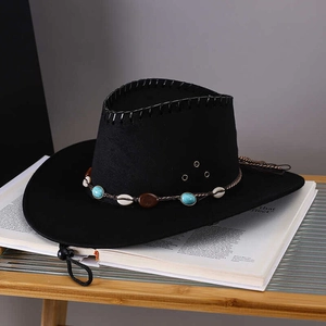 Black bohemian wool felt cowboy hat with turquoise beads and shell trim detailing