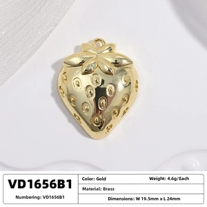 Detailed specs of a brass strawberry pendant with gold finish, 19.5mm by 24mm size