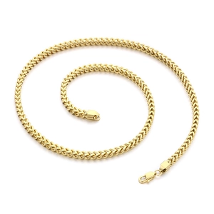 Golden foxtail chain necklace in stainless steel with secure lobster clasp on white background