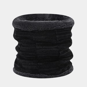 Detailed view of winter neck warmer with dark grey knit texture and soft fleece lining