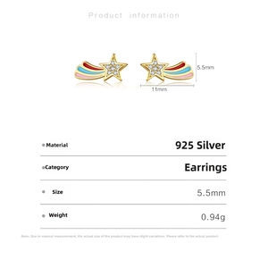Detailed specs of S925 sterling silver star earrings with rainbow enamel and zircons