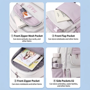 Minimalist purple and white student backpack featuring multiple functional storage pockets