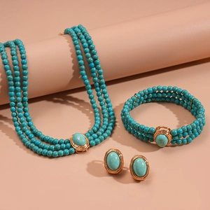 Bohemian Jewelry Set With Multi Layer Turquoise Beaded Necklace Bracelet And Oval Stud Earrings With Silver Earring Post