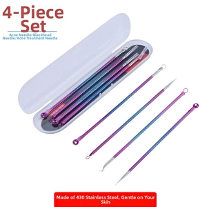 Macro detail of a 4-piece purple gradient stainless steel blackhead remover tool set