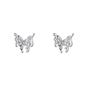 Minimalist S999 silver lava butterfly stud earrings with irregular liquid metal texture