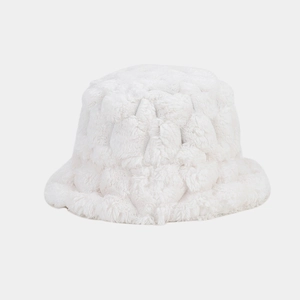 White faux rabbit fur bucket hat with retro pineapple texture for winter warmth