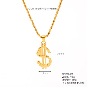 Detail of 18K gold plated clover dollar pendant with exact size and weight dimensions