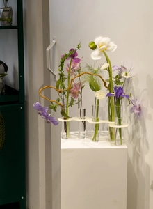 Close-up of minimalist white acrylic flower rack with five clear glass test tubes