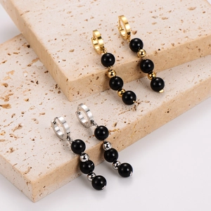Elegant 304 stainless steel long drop earrings in gold and silver with black beads