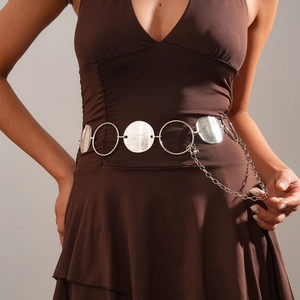 Women Metal Waist Chain Belt Adjustable Round Disc Hollow Ring Brushed Geometric Minimalist Western Style Jewelry