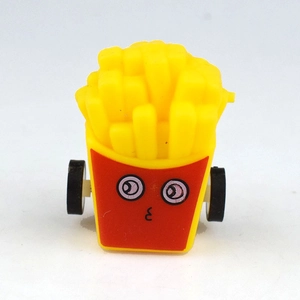 Top view of French fries toy car with cartoon expression and bright red container