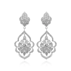 Vintage silver hollow flower drop earrings with brilliant cubic zirconia crystals
