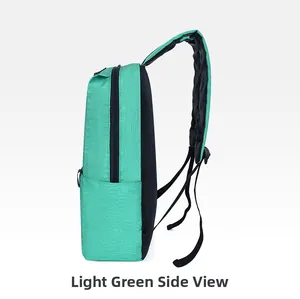 Detail view of the mint green lightweight backpack featuring high-density woven fabric