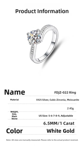 Detail view of adjustable S925 sterling silver ring with 1ct moissanite specifications