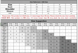 Detailed size chart for men's quarter-zip striped sweater with EU size measurements in cm
