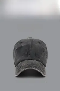 Macro detail of dark grey washed cotton baseball cap with USAF embroidery and stitching