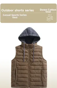 Détail du gilet matelassé marron avec capuche grise montrant les coutures et le rembourrage