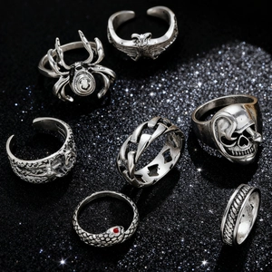 Detailed view of silver gothic ring set featuring skull and spider on a dark background
