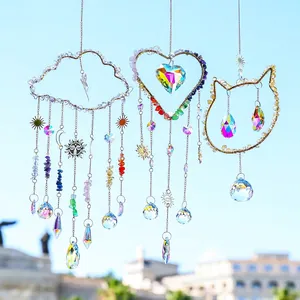 Three crystal suncatchers with cloud, heart and cat head motifs for garden and home decor