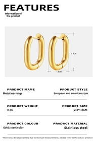 Detailed technical diagram showing 2.3x1.8cm rectangular gold stainless steel hoop earrings