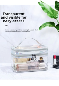Detail of holographic clear PVC double layer wash bag with top handle and zippers