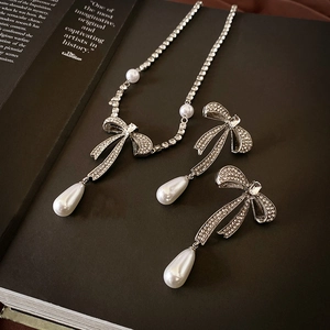 Elegant Bowknot Necklace Earrings Jewelry Alloy Rhinestone Waterdrop Faux Artificial Pearl With 925 Sterling Silver Earring Post