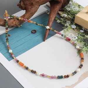 Colorful tourmaline and freshwater pearl beaded necklace with gold lobster clasp
