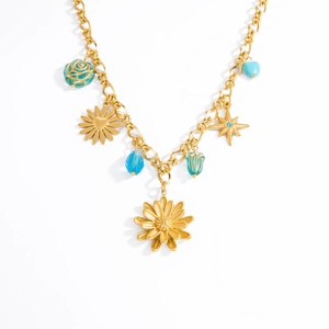 18K gold plated titanium steel layered necklace with floral charms and blue beads