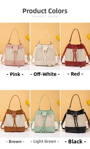 Detailed grid view of hollow woven bucket bags in pink beige red brown green and black
