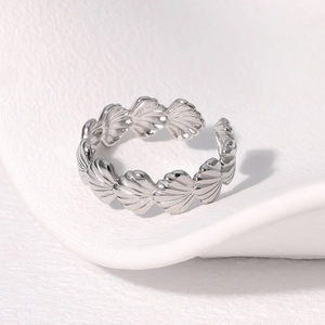 Silver shell texture open ring in minimalist ocean style stainless steel jewelry