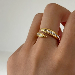 18k gold plated stainless steel open ring with sparkling white zircon pave for women