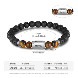 Customized men's lava stone and tiger eye bead bracelet with engraved stainless steel plates