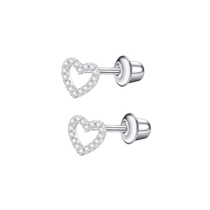 Detail view of heart-shaped earrings with zircon inlay and secure screw back design