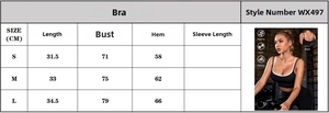 Detailed sizing guide for slim-fit yoga sports bra with black and white contrast trim