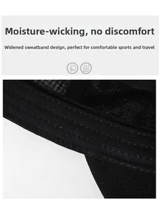 Detail of widened sweatband and breathable mesh fabric on a black flat top cap