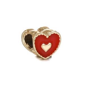 Red enamel heart charm bead with gold plating for DIY bracelets and necklaces