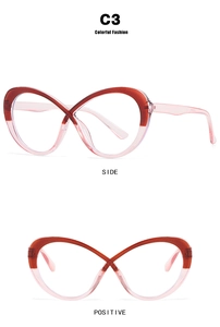 Cat eye glasses frames with red pink gradient and unique infinite loop shape in C3 color