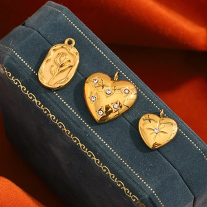 18K gold plated stainless steel heart pendants with zircon and rose relief floral designs