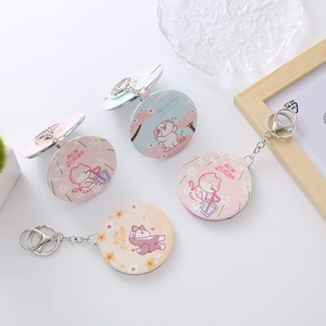 Portable mini folding mirrors with cartoon cat designs and PU leather keychain cover