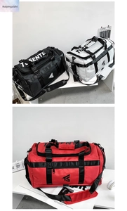Three multi-functional Oxford fabric travel bags in red, white, and black with shoulder straps