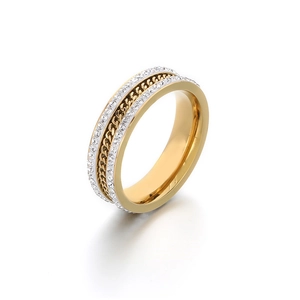 Fashionable gold-plated ring featuring double-row zircon stones and chain-link texture