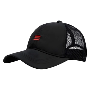Men's breathable mesh baseball cap in black with three red stripes on the front panel